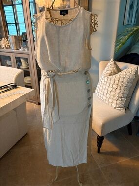 VICI Beige Linen Tie-Waist Midi skirt with side buttons and crop top